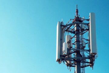 Close-up view of phone base station antennas on a telecommunication tower, wireless, internet, technology