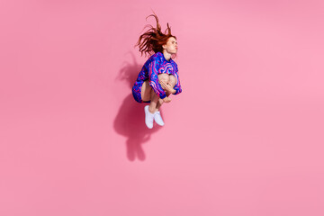 Photo of funky girl jumping hold breath dive water isolated pastel color background