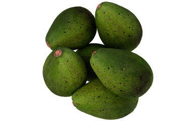 Cluster of ripe green avocados on black background
