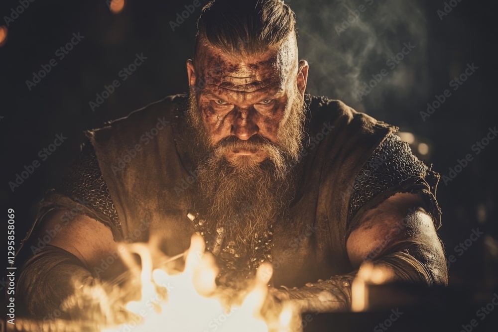 Poster warrior focused on crafting weapons in a forge, illuminated by flames and surrounded by darkness