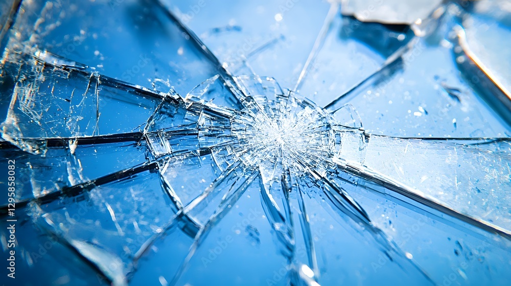 Poster shattered glass window with edges and fractured patterns allowing light to filter through in an urba
