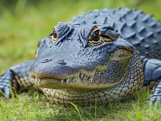 Fototapeta premium Close-up of a crocodilian creature resting on green grass, showcasing textured skin and detailed facial features in natural habitat setting