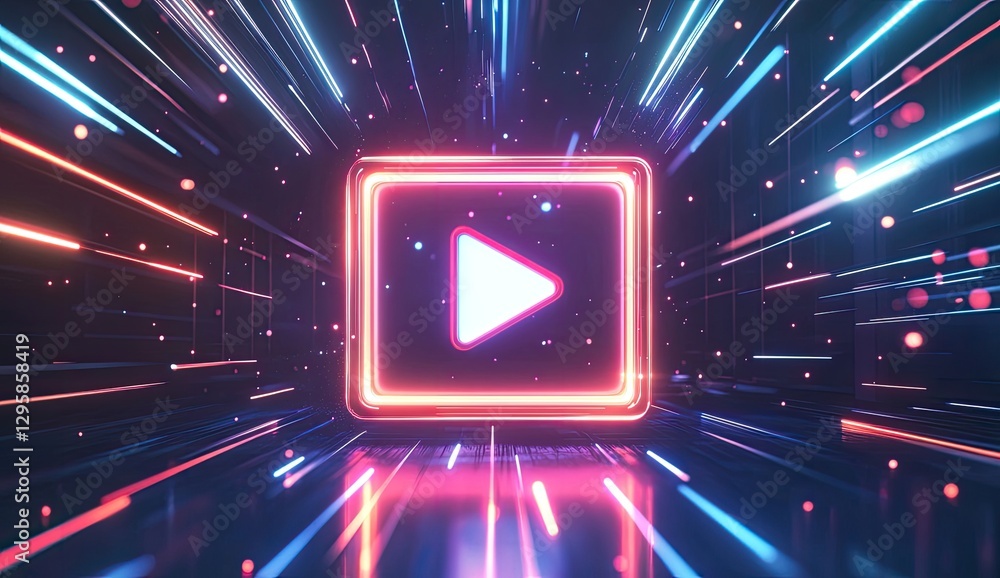 Poster play button in neon square, digital speed tunnel