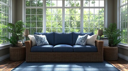 Sun-drenched sunroom with wicker couch