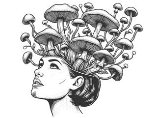 surreal illustration of woman with mushrooms growing from her head, nature, growth, and altered consciousness sketch engraving generative ai vector illustration. Scratch board. Black and white image.