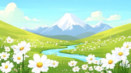 Fototapeta premium Vibrant landscape with blooming daisies in foreground, serene river flowing through green hills, majestic mountains