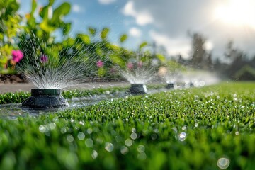 Automatic sprinklers spraying water on a green lawn in a well-maintained garden on sunny day