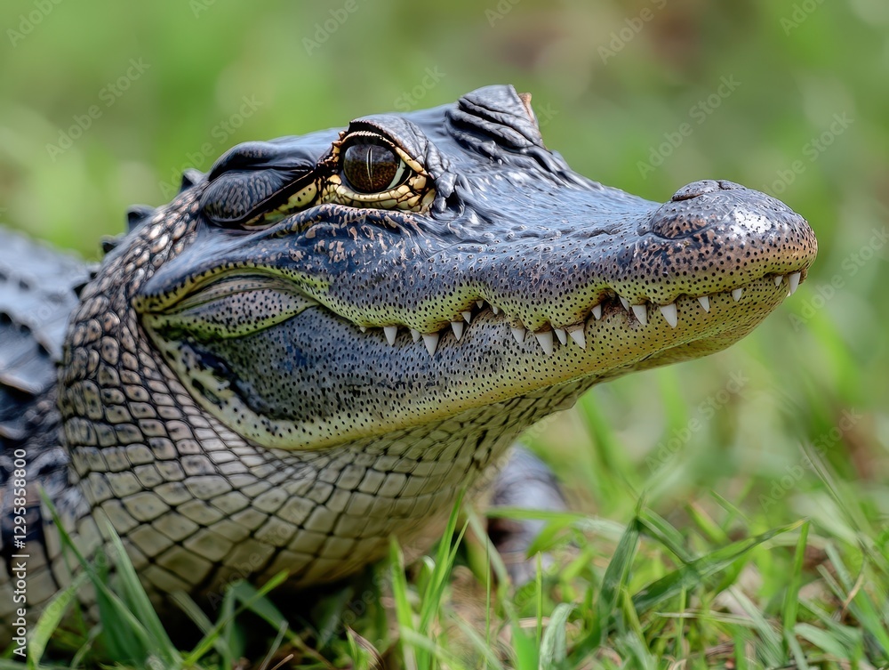 Aufkleber close-up of a crocodilian reptile displaying intricate scales and sharp teeth while resting among lu