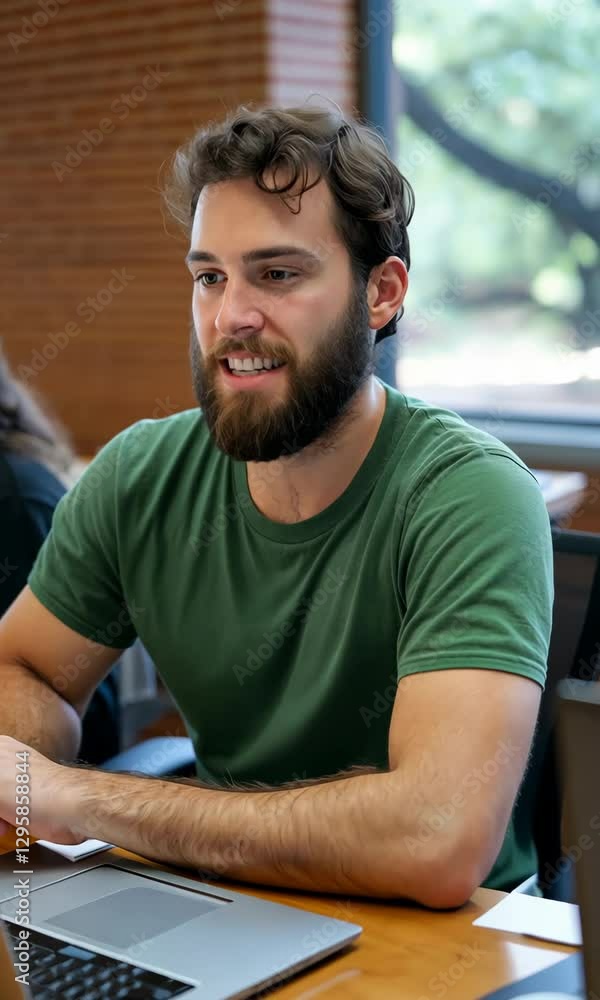 Poster a man with a beard is sitting at a table with a laptop open
