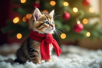 Tiny kitten in festive red scarf by decorated Christmas tree Sweet winter scene , kitten, xmas, scene