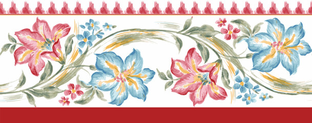traditional seamless pattern floral border. hand painted watercolor flower border. digital print design, textile print design, horizontal floral border design.