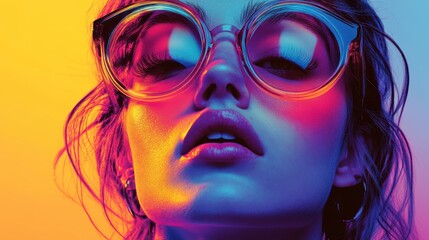 Fashion model wearing stylish sunglasses with futuristic lighting