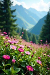Asters and astilbe flowers in a mountainous forest, trees, tree