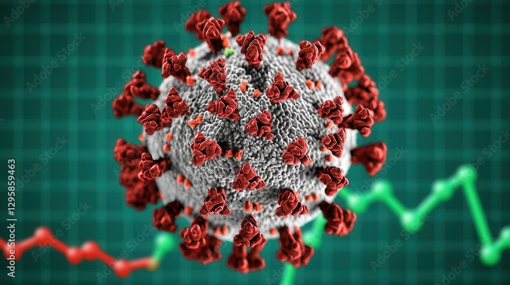 Poster close-up view of coronavirus structure with graph background