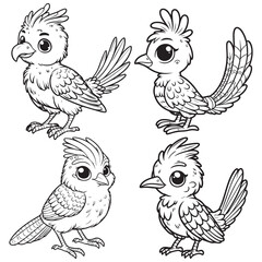 High-Quality Cute Cartoonic Lyrebird Standing Pose Outline Vector Illustrations