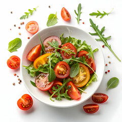 fresh garden salad with juicy tomatoes on a clean white background
