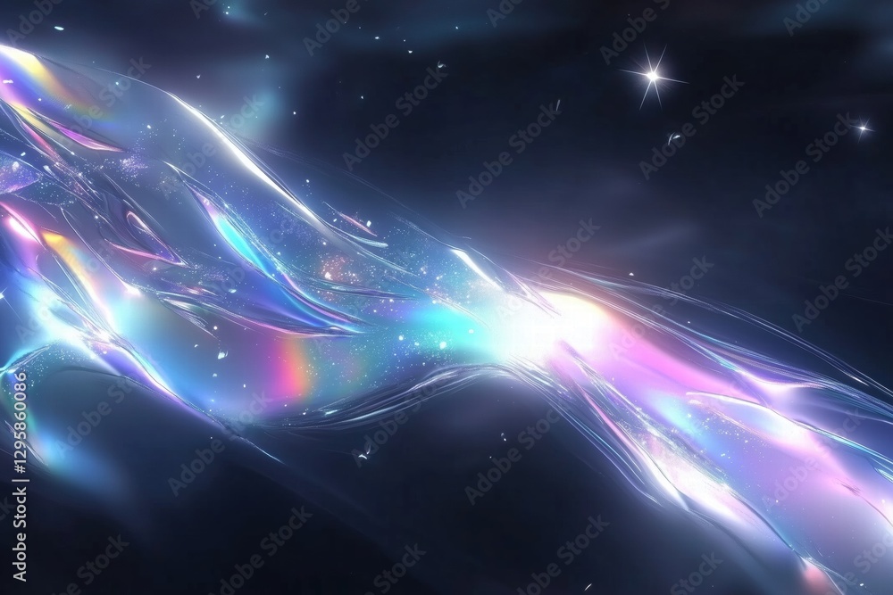Poster a vibrant, abstract representation of flowing light with iridescent colors and a cosmic background, 