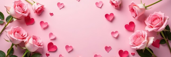 Delicate pink roses, hearts, floral wreath  Valentine's Day flat lay  Pink background ,  picture,  hearts,  illustration