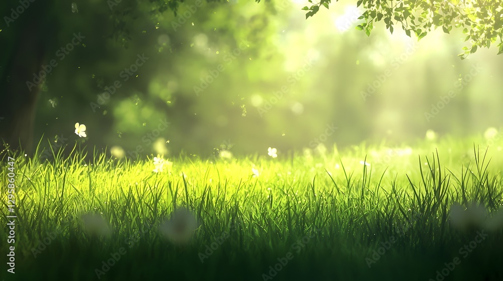Poster sunlight gently filters through the leaves of trees illuminating a lush green grass field creating a