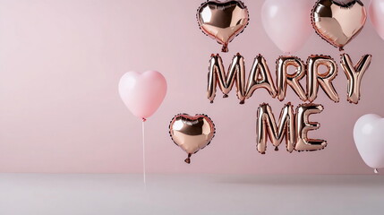 Romantic proposal setup with heart-shaped balloons and Marry Me letters in soft pink background
