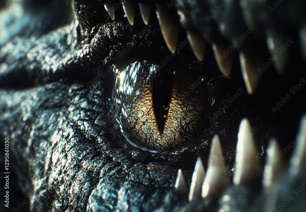 Poster close-up of a dragon eye with glimmering scale texture and sharp teeth capturing the essence of a my