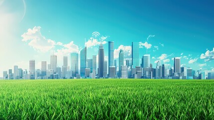 Smart city futuristic cityscape and iot in different layer with realistic sky and grass