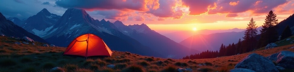 Obraz premium Twilight descends on alpine meadow, tent pitched nearby, dusk, stars, light