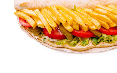 Delicious wrap filled with fresh vegetables and crispy fries