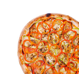 Tasty pizza topped with fresh vegetables and herbs ready to serve