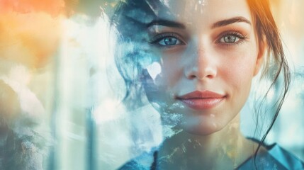 Young Woman Portrait with Dreamy Overlay of Colors and Textures, Capturing Emotion and Beauty in Natural Light, Soft Focus and Artistic Visuals