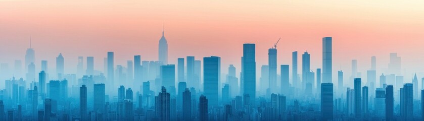 Obraz premium A serene skyline at dusk, featuring tall buildings silhouetted against a gradient sky of soft pastel colors.