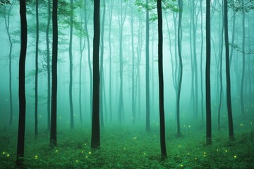 Naklejka premium A serene, misty forest with tall trees and a lush green undergrowth, creating a tranquil and otherworldly atmosphere.