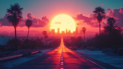 Highway leading to a futuristic city at sunset with palm trees