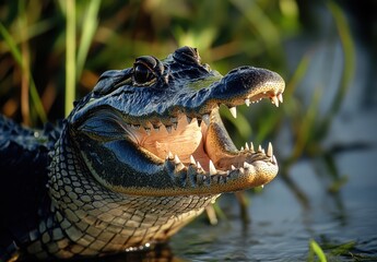 Obraz premium Close-Up of a Fierce Alligator in a Natural Habitat, Capturing its Textured Skin, Sharp Teeth, and Intense Gaze Amidst Greenery and Water Reflections