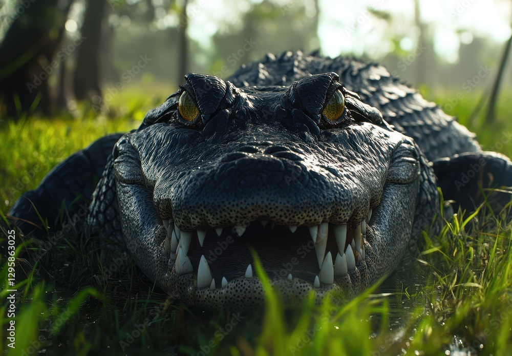 Poster close-up of a fierce alligator lying on grass in a natural habitat showing sharp teeth and intense e