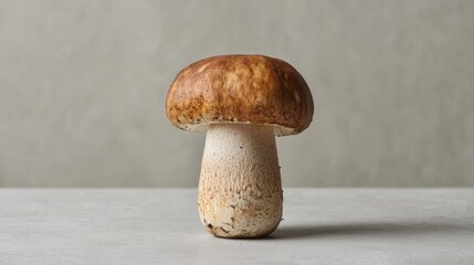 Fresh Wild Mushroom with Brown Cap and Light Stem on Neutral Background