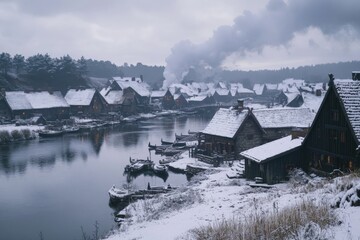 Obraz premium Snow-covered village by a river with smoke rising from chimneys during winter