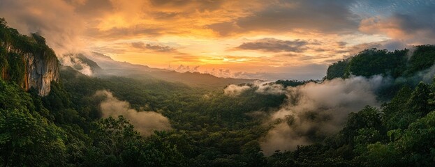 Mountain valley sunset with mist
