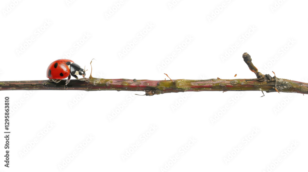 Poster ladybug walking on a thin branch with transparent background