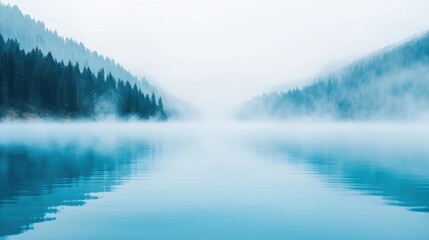 Fototapeta premium A tranquil lake surrounded by misty mountains, reflecting calm waters and an ethereal atmosphere.