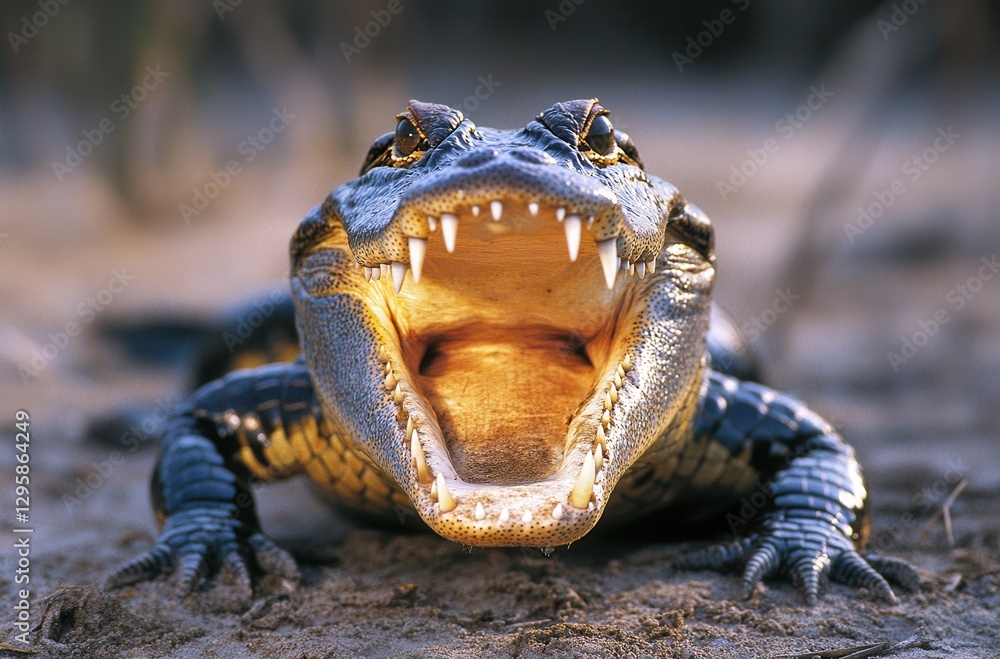 Poster close-up of a fierce alligator with open mouth displaying sharp teeth in natural habitat under warm 