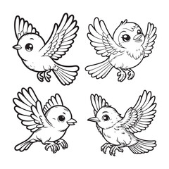 Detailed Cute Thrush Cartoon Outline Vector Silhouettes in Flying Pose
