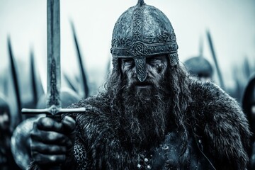 Obraz premium Viking warrior prepares for battle in a misty landscape during a historical reenactment event
