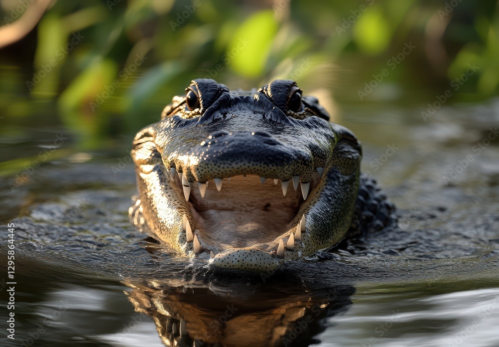 Poster close-up of a fierce alligator with open mouth showcasing sharp teeth in a serene water environment 