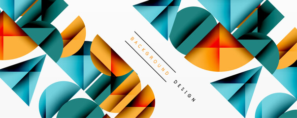 Abstract geometric background with layered gradient shapes forming dynamic patterns. Overlapping semi circles and triangles create depth and contrast