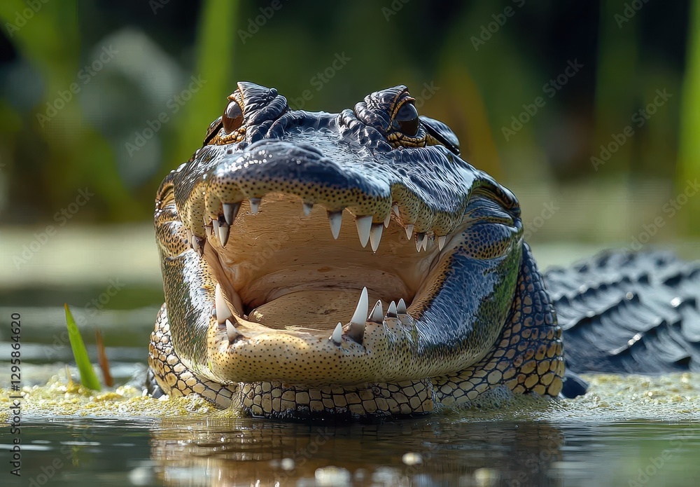 Poster close-up of a fierce alligator with sharp teeth emerging from a swamp surrounded by greenery in brig
