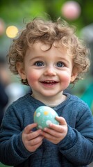 Fototapeta premium Smiling toddler holding a pastel Easter egg in outdoor setting