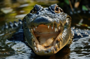 Obraz premium Close-Up of a Fierce Alligator with Sharp Teeth Gliding Through the Murky Water Surrounded by Lush Vegetation in a Tropical Habitat