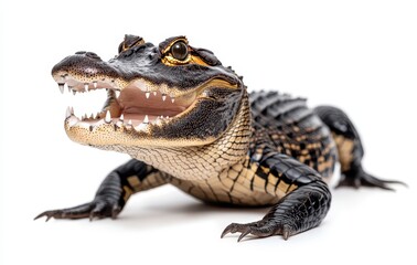 Fototapeta premium Close-up of a fierce alligator with sharp teeth, textured skin, and striking eyes, showcasing its natural beauty and fierce predatory nature in a bright environment