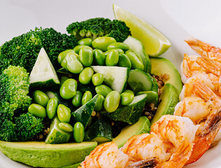 Healthy shrimp and vegetables plate on white background